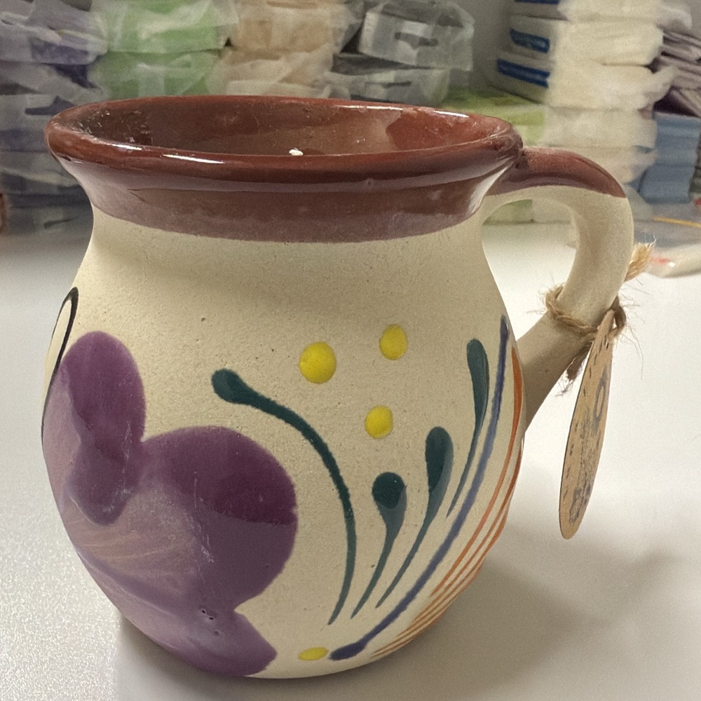 Purple and White Ceramic Mug with Folk Art Design